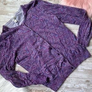 L.L. Bean Supima Cotton Button Front Sweater Cardigan | Small | Purple Paisley